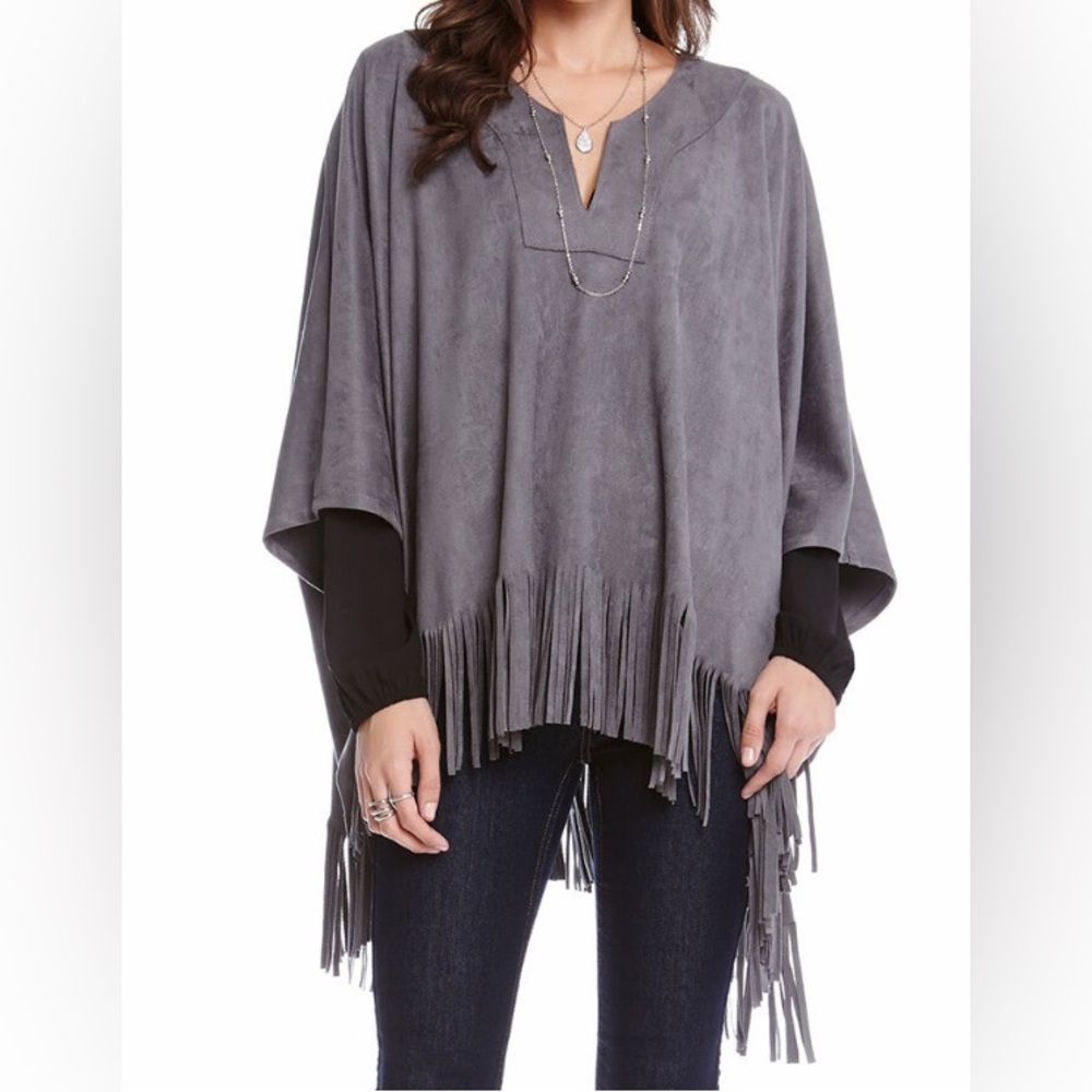 Karen Kane L72551 Oversized Gray Supple Faux Suede Fringe Poncho Top  size M/L